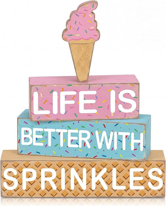 Geelin 4 Pieces Summer Ice Cream Table Wooden Decorations Ice Cream Wood Sign Centerpiece Home Decor Bar Party Decorations Blocks Tiered Tray Table Top Sign for Home
