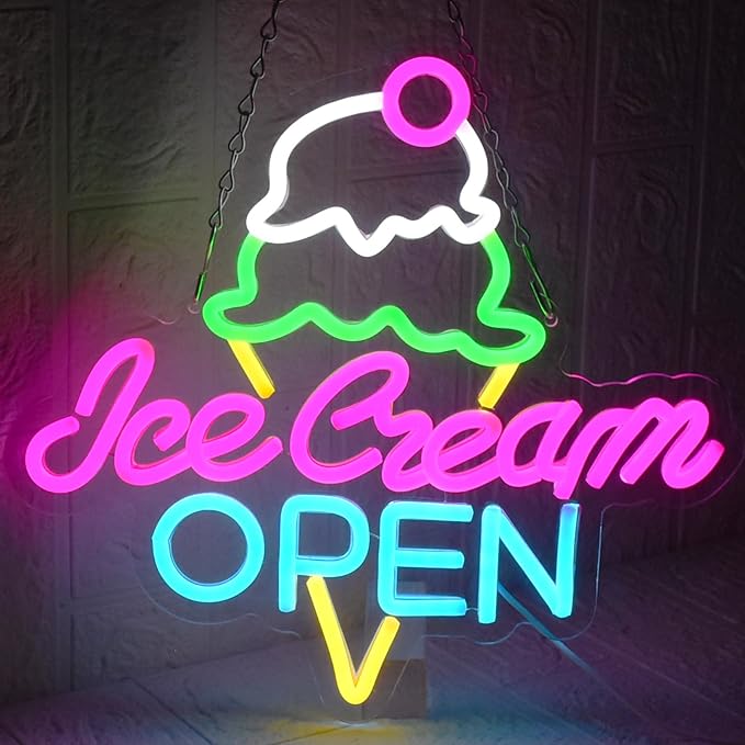 Ice Cream Open Neon Sign Led Neon Light for Wall Decor, USB Dimmable Ice Cream Open Wall Decor Sign for Business Store Dessert Shop Bar Party Cafe
