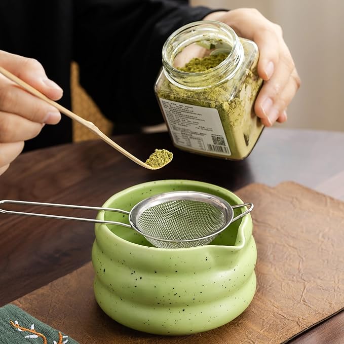 7Pcs Japanese Matcha Tea Set, Matcha Kit with Matcha Bowl (with Pouring Spout), Matcha Whisk, Whisk Holder, Strainer - Elegant Matcha Set for Gifting and Personal Use, Gift Box Packaging