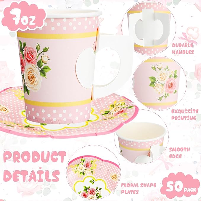 100 Pcs Tea Party Decorations Includes 50 7 oz Paper Tea Cups with Handle 50 Vintage Floral Plates Disposable Tea Cups and Saucers for Wedding Spring Party Birthday Hot Cold Drinks(Pink)