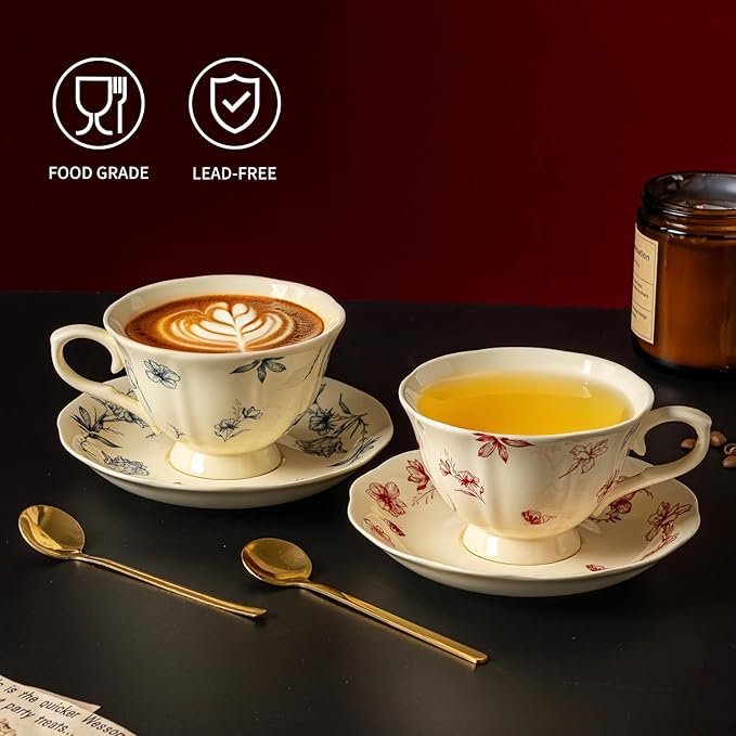 Fancy Ceramic Tea Cups and Saucers Set of 2, 8 oz Cappuccino Cups with Gold Spoons, Small Cream Blue & Red Floral Latte Art Cups, Happy Birthday Gifts