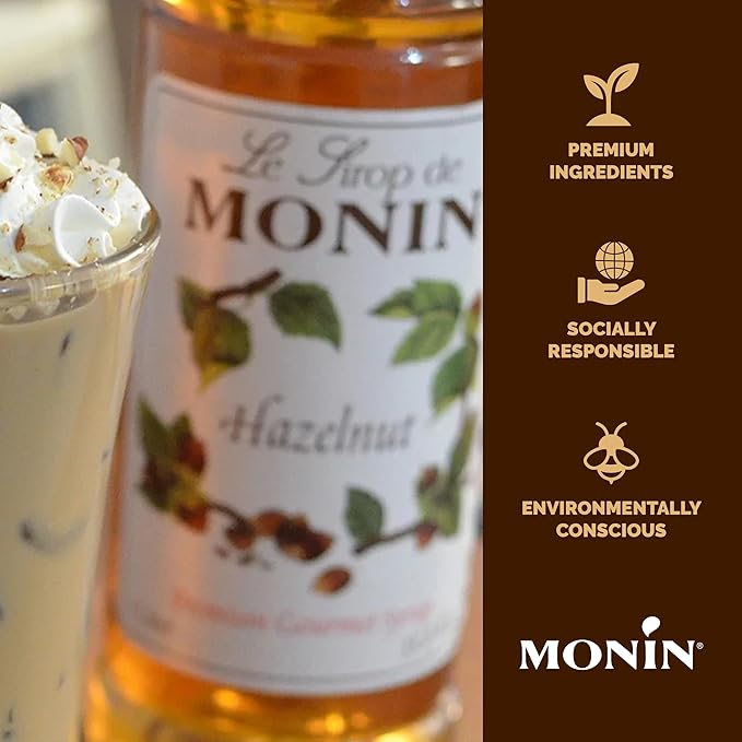 Monin - Hazelnut Syrup, Nutty Taste of Caramelized Hazelnut, Natural Flavors, Great for Mochas, Lattes, Smoothies, Shakes, and Cocktails, Non-GMO, Gluten-Free (1 Liter, 4-Pack)