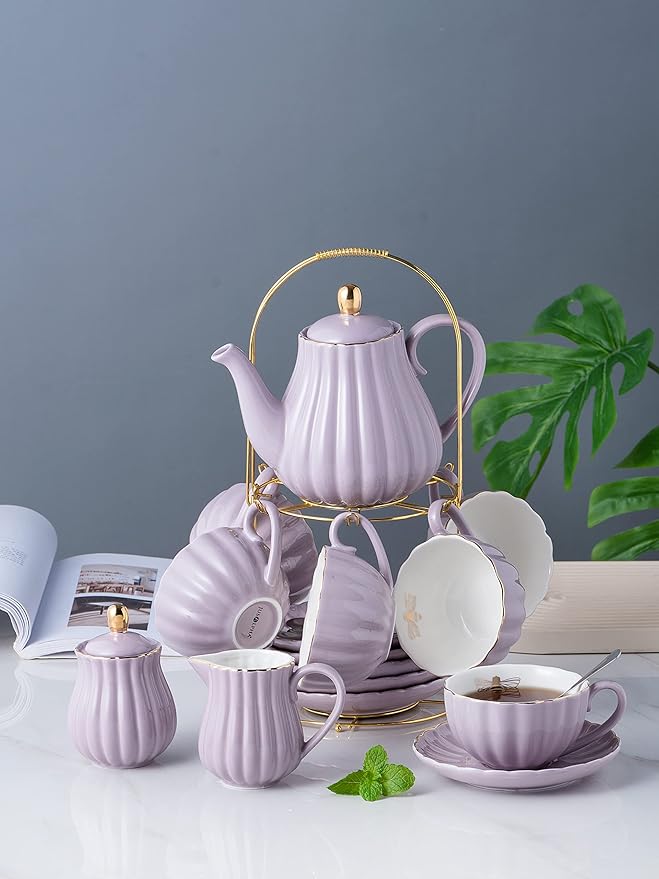 Jusalpha Serve for 6- Fine China Pink Coffee Cup/Teacup Set, 8 OZ Cups& Saucer, with Teapot-Sugar Bowl-Cream Pitcher Teaspoons and tea strainer for Tea/Coffee (Lavender, Serve of 6)