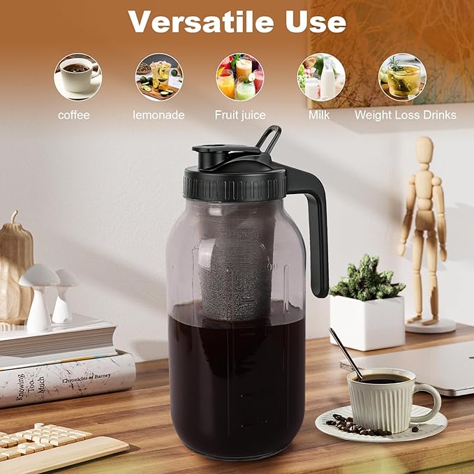 Cold Brew Coffee Maker,64 oz Mason Jar Pitcher with Stainless Steel Filter, Pour Spout Handle Lid, Heavy Duty Glass Airtight & Leak-Proof for Iced Coffee,Tea & Lemonade