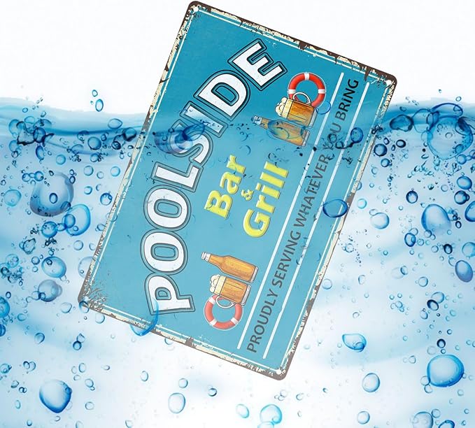 Poolside Bar and Grill Sign Decor Swimming Pool Decorations Outdoor Durable Metal Signs Plaque for Beach Home Bar Pool Deck Backyard Fence Walls 12X8 Inch Aluminium Hanging Plaque - Image 3