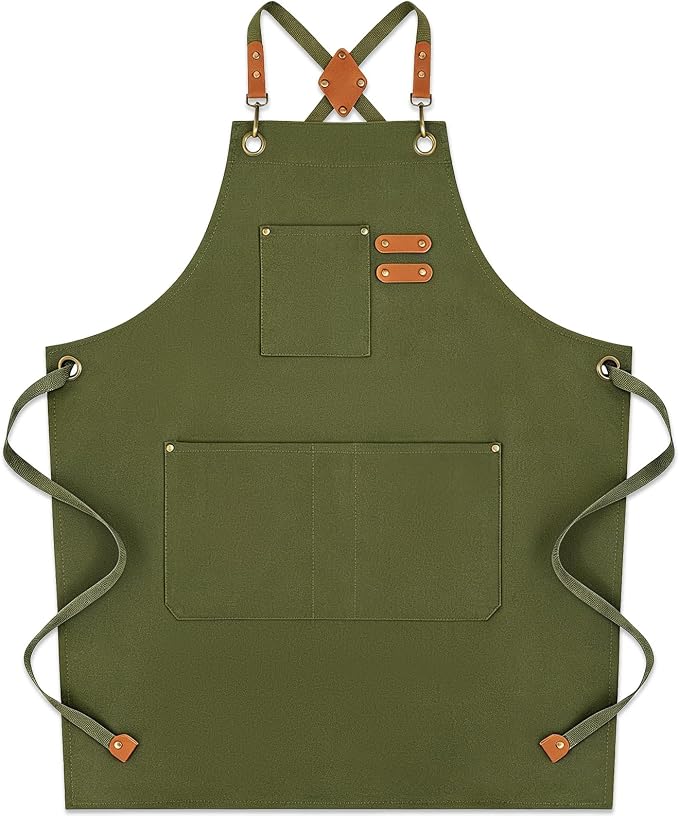 Chef Aprons for Men Women with Large Pockets, Cotton Canvas Water Repellent Kitchen Apron for Cooking by Cardkiss