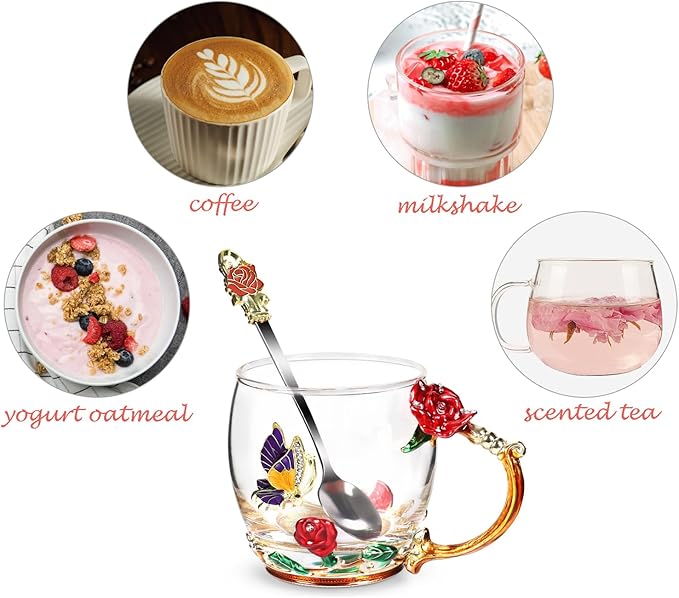 Flower Tea Cup ,Butterfly Rose Clear Glass Fancy Coffee Mug with Spoon,Gift Box for Her Mom Wife Grandma Girls Friends Valentines Christmas Birthday Present Idea for Juice,Hot And Cold Drinks Use