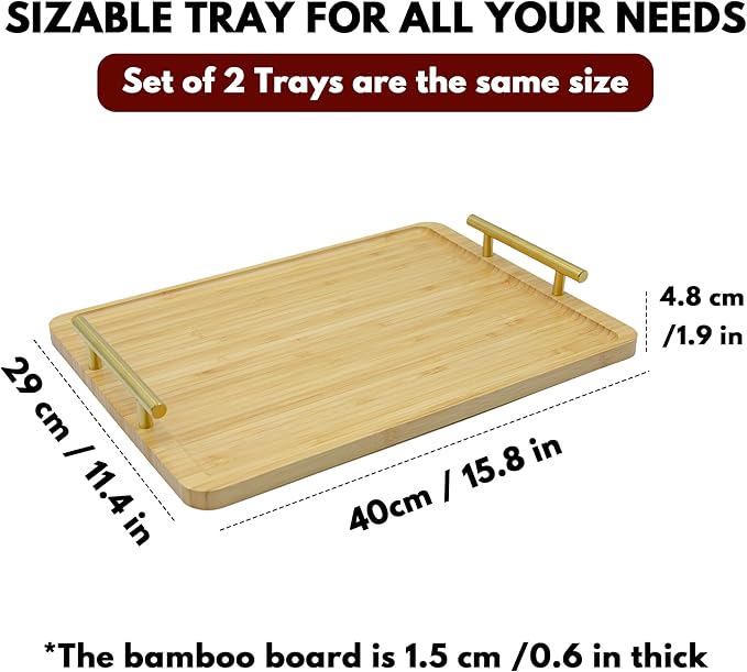 2 Pack Bamboo Serving Tray with Metal Handles, 15.8×11.4“ Solid Wooden Tray for Food, Rectangular Decorative Tray for Ottoman, Coffee Table, Living Room, Bathroom, Party