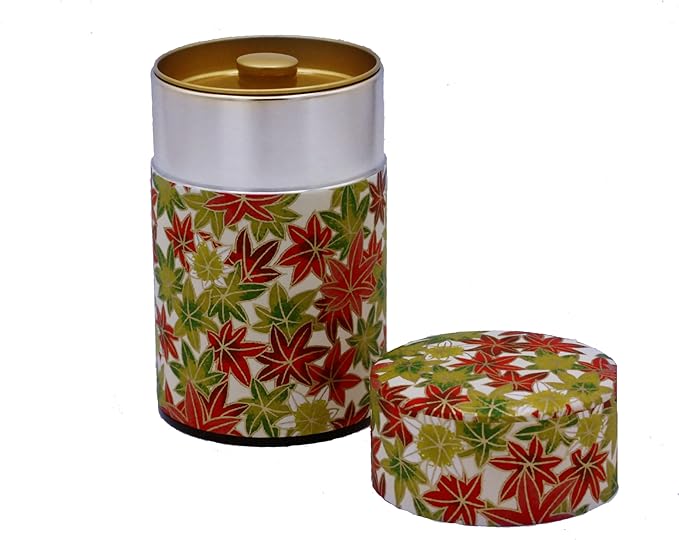 Washi Paper Tea Tin Canister: Long 3.5oz (100g) Maple (#148), Japan