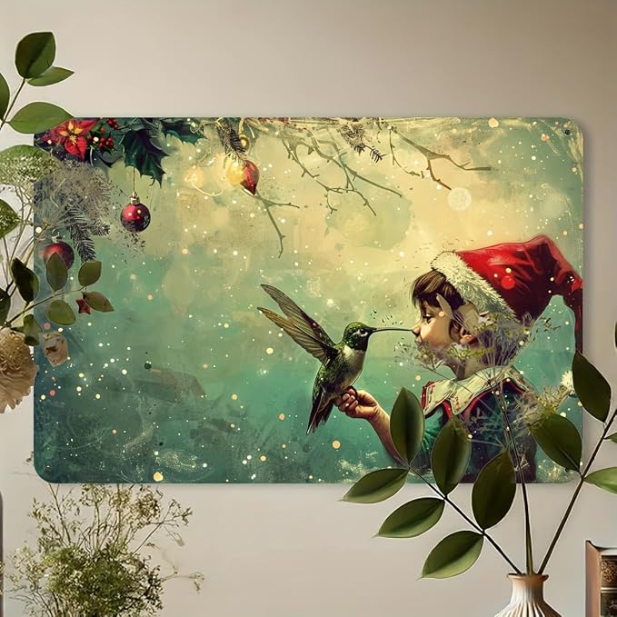 Cbngaoey Vintage Christmas Elf & Hummingbird Metal Tin Sign - Festive Wall Art For Home, Gym, Cafe, Garage & Garden Decor, Durable Iron, Easy To Hang, 12X8 Inches by Unknown