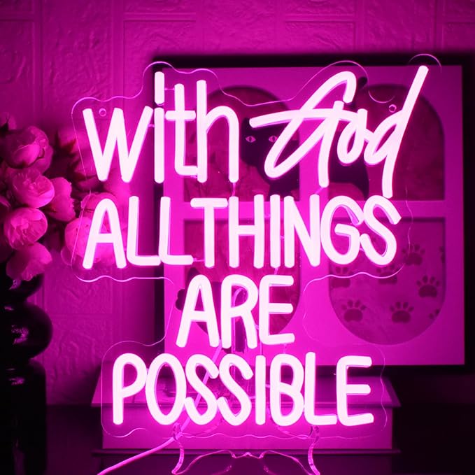 With God All Things Are Possible Neon Sign Pink God Led Lights for Wall Decor Letter LED Neon Lights Dimmable USB Powered for Room Party Wedding Church Decor
