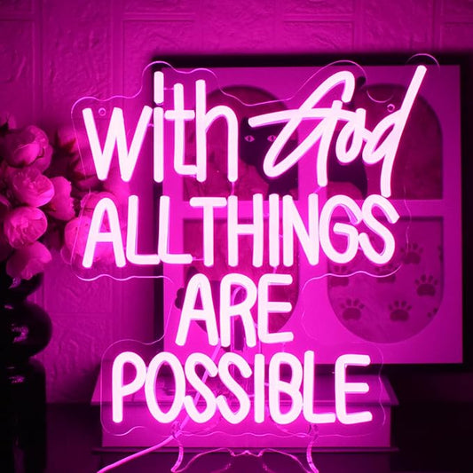 With God All Things Are Possible Neon Sign Pink God Led Lights for Wall Decor Letter LED Neon Lights Dimmable USB Powered for Room Party Wedding Church Decor