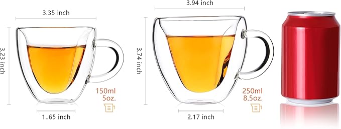 CNGLASS Double Wall Heart Shaped Glass Coffee Mugs 5oz(Set of 2),Insulated Clear Tea Cups with Handle,Unique Glass Espresso Mugs for Coffee,Cappuccino,Latte,Milk