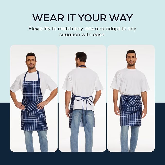 Will Well 2 Pack Bib Apron For Men & Women with 2 Pockets - Navy Checkered | Unisex 33'' x 27'' Oil & Water Resistant Soft Kitchen Chef Apron with Adjustable Neck Strap & 38'' Waist Ties for Snug Fit - Image 5