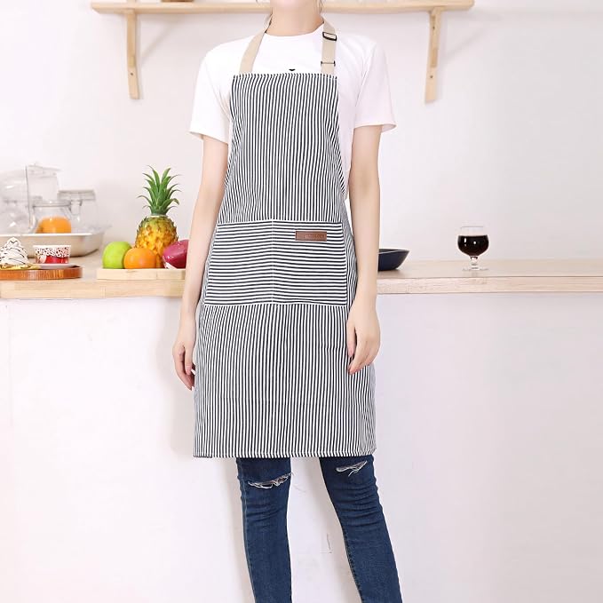 Tosewever 2 Pieces Kitchen Cooking Aprons, Cotton Polyester Blend Adjustable Bib Aprons with 2 Pockets for Women Men Chef Chef (Navy/Black Stripes, 2) - Image 4