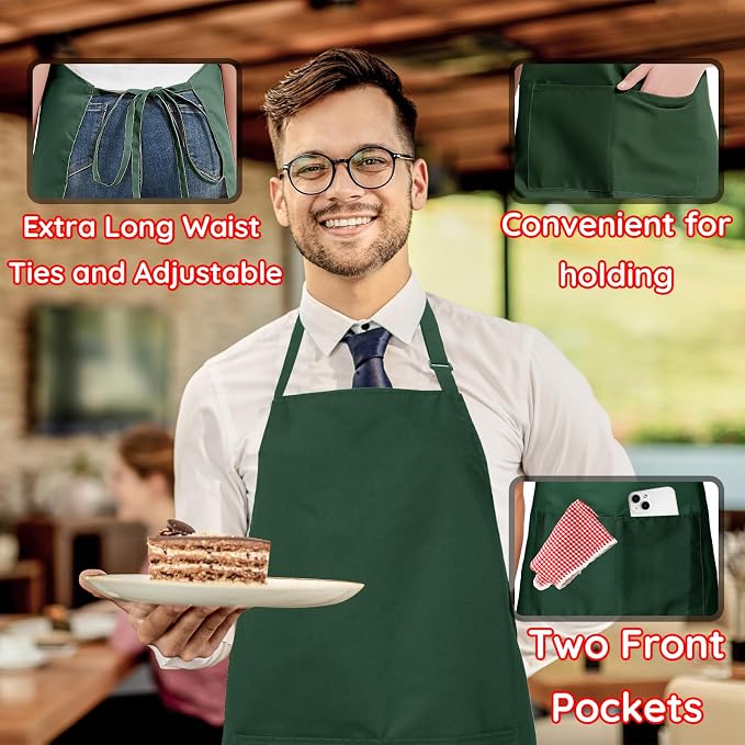 4 Pack Chef Apron, Waterproof Apron, Adjustable Apron with 2 Pockets for Men Women, Apron for Cooking Baking Restaurant(Green) - Image 5