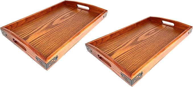 JapanBargain 1608, Wooden Serving Tays with Handle Rectangle Butler Tray Breakfast Lunch Bento Dinner Tray Tea Serving Tray Platter, 16.5 x 10.75 inch, 2-Pack