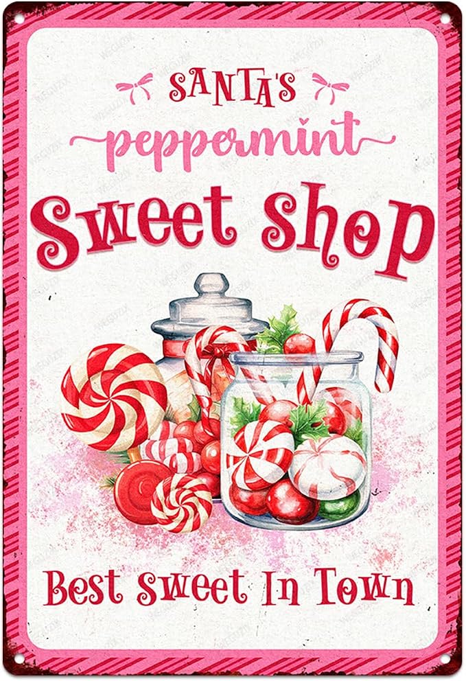 Santa's Peppermint Sweet Shop Christmas Metal Sign Pink Red Christmas Vintage Print Art Poster 12" x 8" Aluminium Hanging Plaque for Home Kitchen Patio Yard Cafe Coffee Bar Wall Decor by WEGUZIX