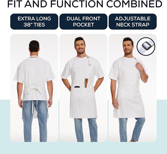 Will Well 2 Pack Bib Apron For Men & Women with 2 Pockets - White Stripe | Unisex 33'' x 27'' Oil & Water Resistant Soft Kitchen Chef Apron with Adjustable Neck Strap & 38'' Waist Ties for Snug Fit - Image 3