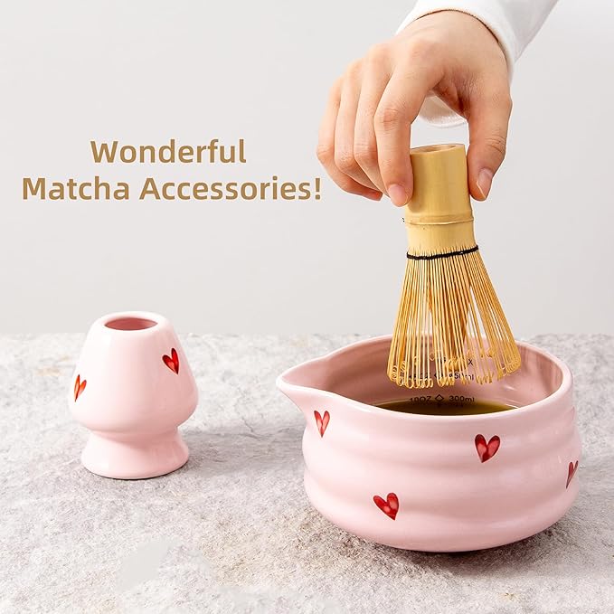2pcs Matcha Bowl with Whisk Holder, Ceramic Pink Matcha Bowl with Spout, 16.5OZ Porcelain Bowl with Measurement Marks, Tea Mixing Bowl with Whisk Stand, Cute Valentine Gift (pink love)
