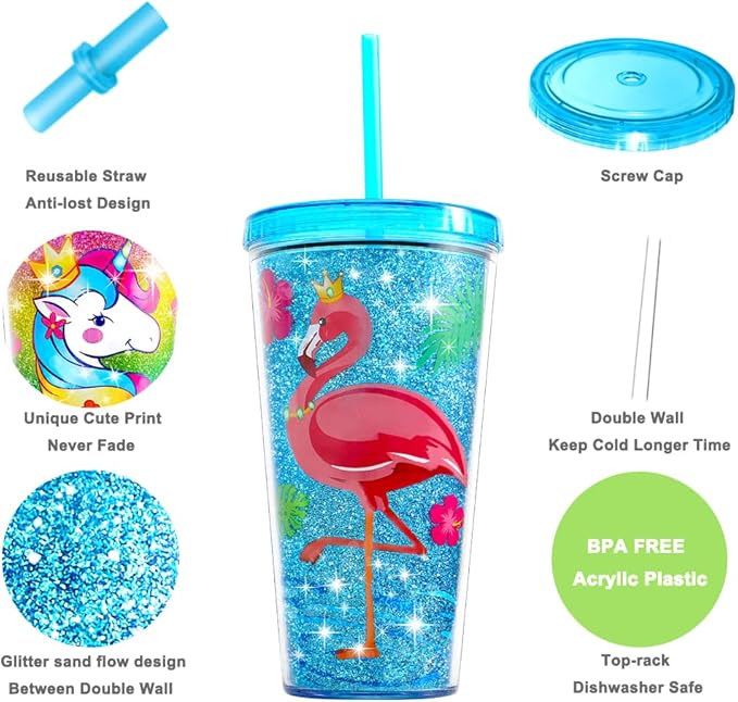 Cute Glitter Tumbler Cups with Lid and Straw, Double Wall Insulated Acrylic Cup, 22 oz / 650ml (Flamingo)