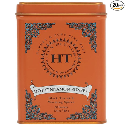 Harney & Sons Caffeinated Hot Cinnamon Sunset Black Tea with Orange and Cloves Tin 20 Sachets (Pack of 1)