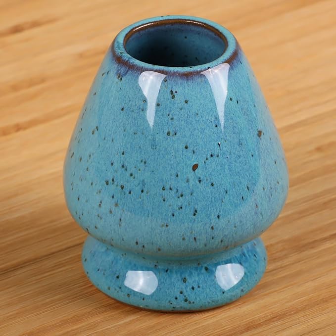 Matcha Tea Bamboo Whisk And Ceramic Rest 2 Piece Set - Verdigris Blue Holder - 1 Set