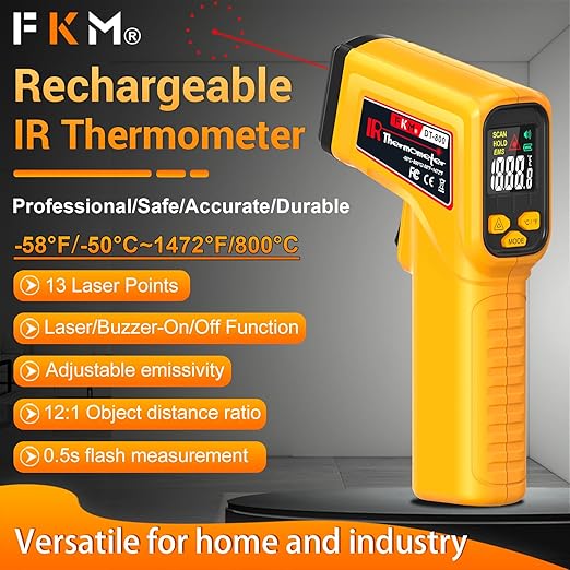 FKM Rechargeable Infrared Thermometer Gun Non-Contact Laser Thermometer Gun,High Precision,-58°F~1472°F,Digital IR Temperature Gun for Cooking,Griddle,Oven,Meat Food,HVAC,Automotive,Industrial Tools
