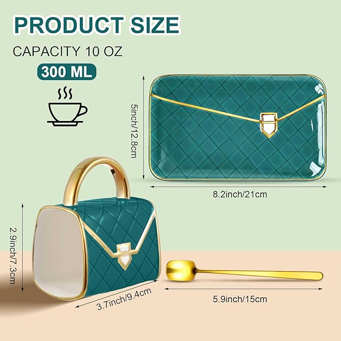 Zubebe 1 Set Coffee Mug Elegant Handbag Shaped Cup Mother's Day Modern Ceramic Purse Mug with Spoon and Saucer, 10oz Cute Creative Tea Cup for Woman Girls Gift (Dark Green)