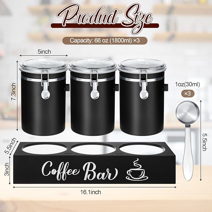 Domensi 3 x 66 oz Airtight Coffee Canisters with Shelf, Coffee Bean Storage Container 304 Stainless Steel Coffee Bean Storage with Airtight Locking Clamp and Scoop, Kitchen Food Storage Jar(Black)