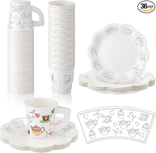 Nuenen 36 Set Color Your Own Tea Party Paper Cups with Handles Disposable Tea Cups and Saucers Plates DIY Coloring Activity Crafts for Kids Birthday Party