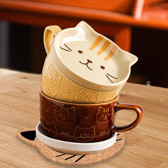 Gifts for Women Her Cute Kawaii Cat Coffee Mugs with Lids Christmas Birthday Presents for Girls Friend Kids Men Wife Mom Grandma Teacher Novelty Animal Coffee Ceramic Tea Cup Dessert Saucer Set