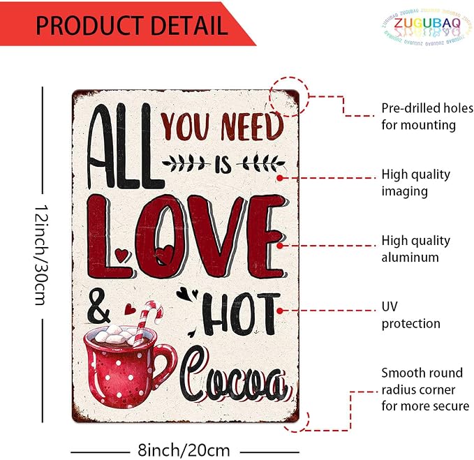 All You Need Is Love And Hot Cocoa Vintage Metal Tin Sign Home Wall Decor For Kitchen Bakery Coffee Bar Farmhouse Restaurants Cafe 8X12 Inch Christmas Decorations - Image 2
