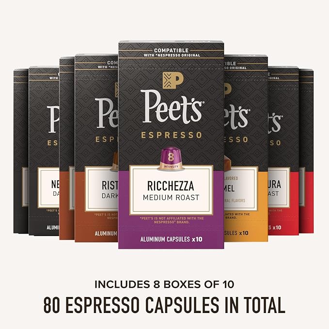 Peet's Coffee, Dark Roast Espresso Capsules Variety Pack, Compatible with Nespresso Original Machine - Intensity 8-11, 80 Count (8 Boxes of 10 Espresso Capsules)