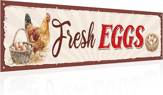 Tegeme Farm Fresh Eggs Sign, 24 x 120 inches/ 2 x 10 ft Rustic Fresh Eggs Banner Sign with 10 Grommets for Indoor Outdoor Chicken Coop Yard Business Supplies Farmers Market Decor