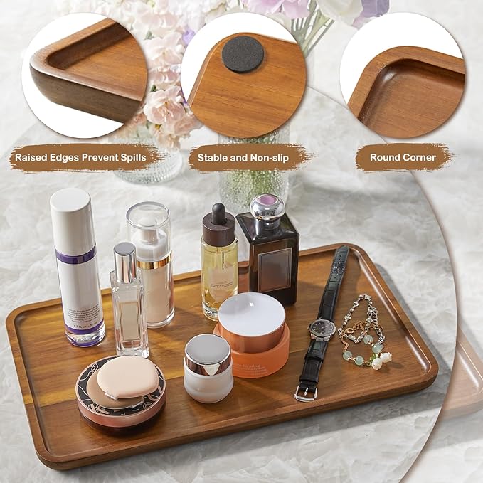 14 Inch Acacia Wood Serving Tray – Rectangular Wooden Decorative Tray for Food, Appetizers, Snacks, Desserts, Coffee Table, Bathroom, Entryway, Vanity, Home Decor Organizer