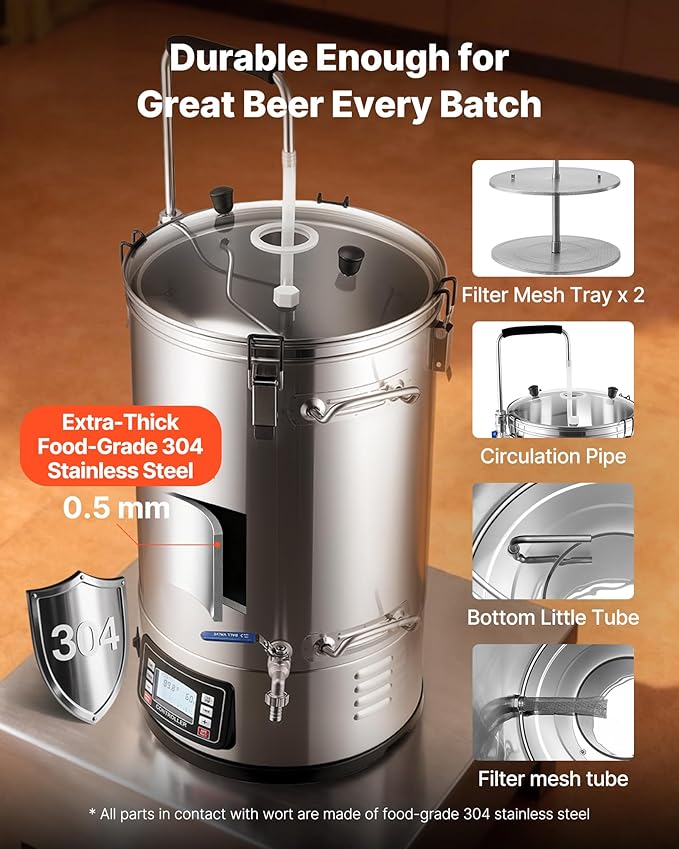 VEVOR Electric Brewing System, 9.2 Gal/35 L Brewing Pot, All-in-One Home Beer Brewer w/Pump, Mash Boil Device w/Panel, Auto/Manual Mode 100-1800W Power 25-100℃ Temp 1-180 min Timer Recipe Memory