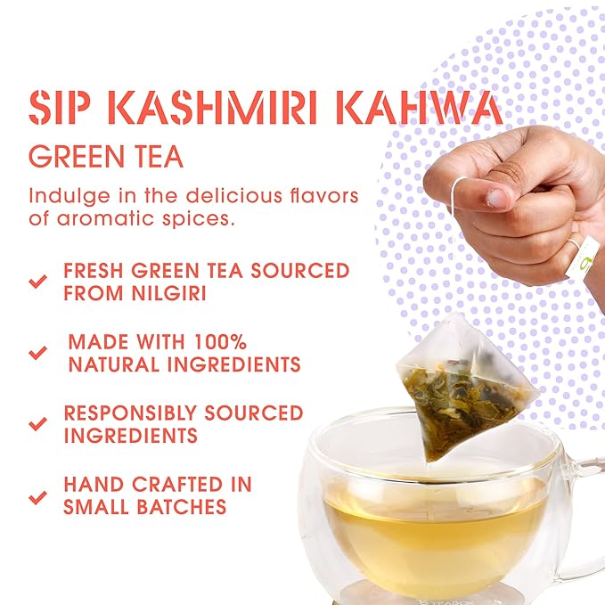 Teabox Kashmiri Kahwa Green Tea | 25 Tea Bags | Whole Green Tea Leaves with Saffron, Cardamom, Cinnamon, Clove and Almond | Gluten-Free Tea, Medium-Caffeine