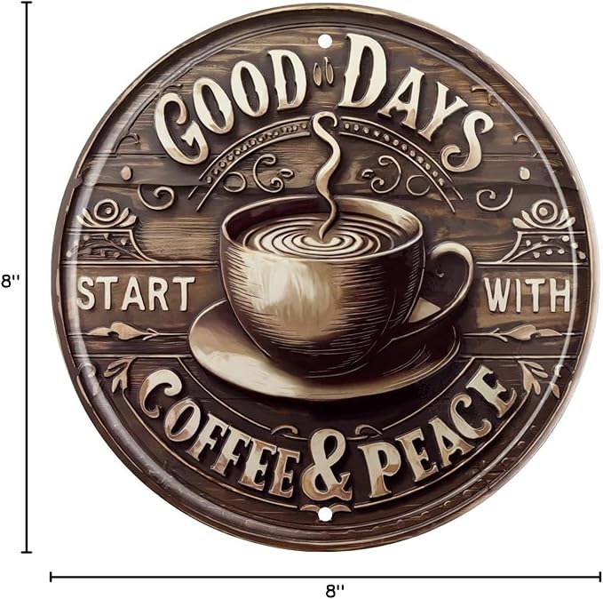 Vintage Coffee & Peace Round Wooden Sign for Kitchen Home Office Cafe or Outdoor Decor Rustic Wall Art 8x8 In