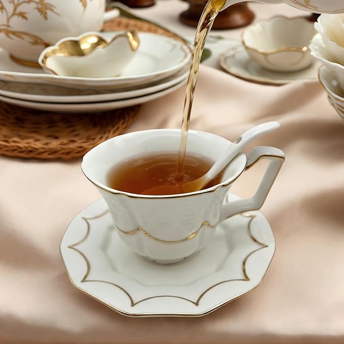 Tea Cup and Saucer Set for 1, Coffee Cup with Saucer and Spoon, Espresso Latte Cup for Women Gift, Dishwasher Safe, 6.8 Oz