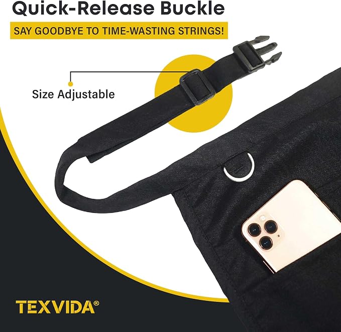 7 Pockets Server Apron with Buckle Closure & Zippered Money Pouch – Stain Resistant, Black Waitress Apron - Image 3