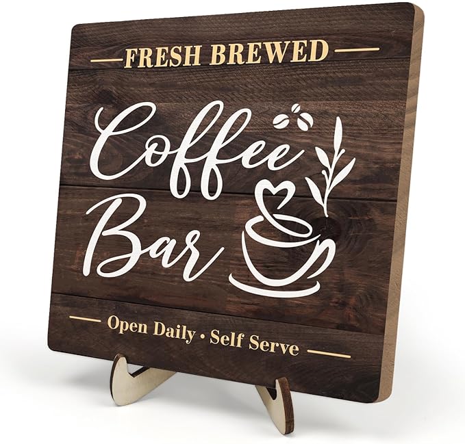 Coffee Bar Sign Plaque, Rustic Wooden Tabletop Plaque with Stand, Vintage Farmhouse Café Counter Sign for Kitchen Coffee Station, Fresh Brewed Mini Bar Decor 5.9x5.9inch