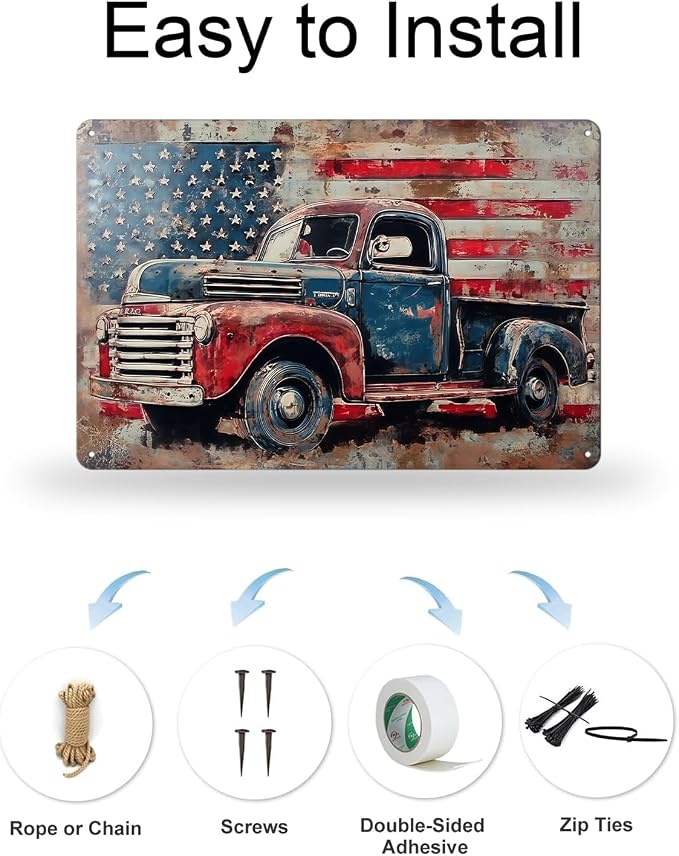 Vintage American Flag Sings Truck Metal Sign Print Aesthetic Room Decoration for Home Bedroom Kitchen Bar Dorm Bathroom Wall Decor 8 x 12 in - Image 9