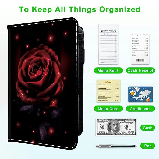 Server Books for Waitress, with 7 Large Pockets, Waiter Serving Book, Waitstaff Server Order Pads, Cute PU Leather Server Book with Pen Holder Fit Server Apron, Red Rose - Image 5