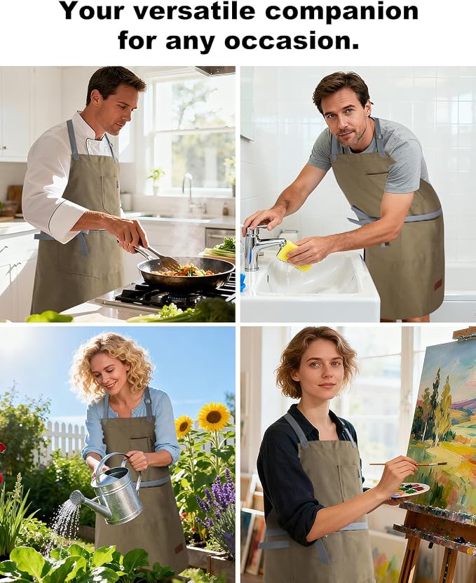 Chef Apron w/Pockets, Adjustable Strap for Cooking & Gardening | Equipped with 3 Large Multi-use Pockets, Wear-Resistant Fabric, Easy Clean, Ideal for BBQ Baking Craft for Men Women - Image 6