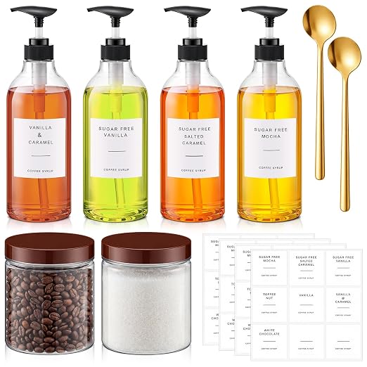 9 Pcs Coffee Syrup Dispenser Set 25.4 Oz/750 ml Plastic Coffee Syrup Dispenser Pump Bottle Pet Jar with Lids Gold Spoon and Labels for Home Bar Organization by Unknown