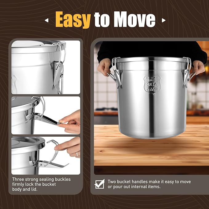 8.7Gal 304 Stainless Steel Airtight Canister for Kitchen, 28-60Lbs Rice Cereal Grain Canisters Container, Metal Kitchen Rice Oil Storage Bucket for Household Food w/Handles+Lid (Silver-33L)