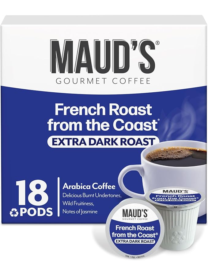 Maud's French Roast Coffee Pods 18 ct, Dark Roast Coffee in Single Serve Pods – 100% Arabica Coffee, Compatible with Keurig K Cups Maker