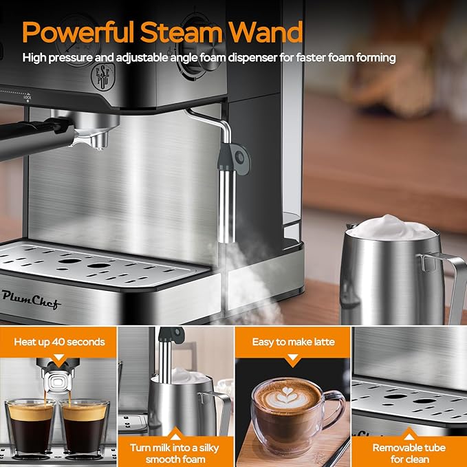 Espresso Machine Household Coffee Espresso Maker,Low Noise and Fast Coffee Machine for Cappuccino Latte,with Milk Frother Steam Wand Pressure Gauge 54oz Water Tank