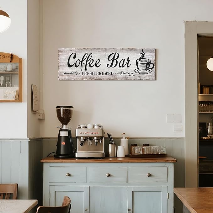 Rustic Wood Grain Coffee Station Decor - Retro Coffee Bar Signs for Kitchen - Self Serve Fresh Brewed Open Daily, Large